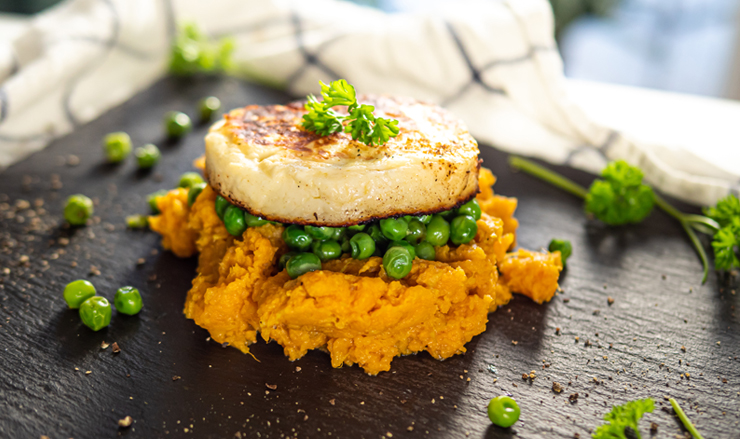 Grilled Cheese with Sweet Potato Puree and Green Peas