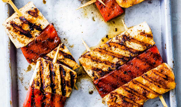 Watermelon Skewers with Grilled Cheese